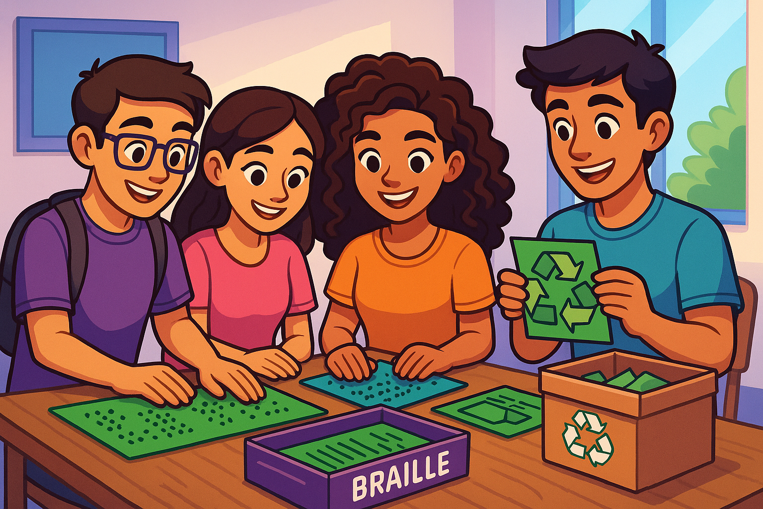 A group of people doing Braille material